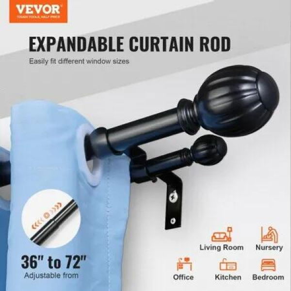 Double Rod Curtain Rods 36-72 inches(3-6ft) Adjustable Length Black Double Curtain Rods with Round Finials 1' and 3/4' Diameter Double Window Drapery Rod