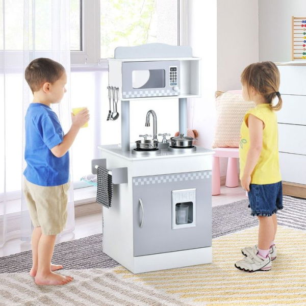 Double-Sided Kids Play Kitchen With Cooking Sets For Toddlers Ages 3+