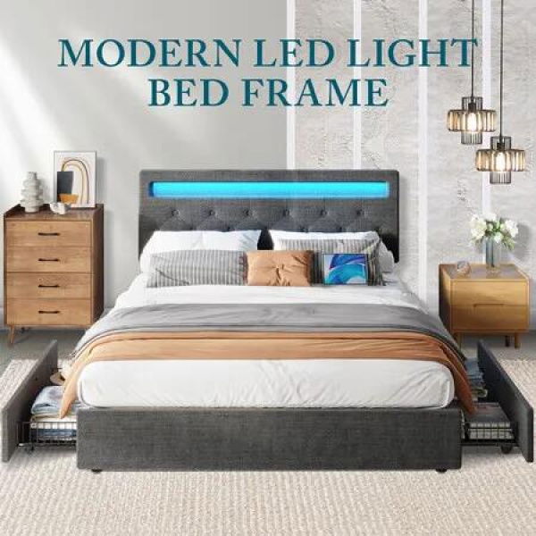 Double Size Bed Frame Base LED Bedroom Furniture Mattress Platform Foundation Metal Wooden Fabric with Drawers