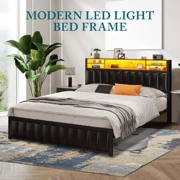 Double Size Bed Frame Bedroom Furniture Mattress Base Upholstered Platform Foundation Wooden PU Metal with Storage RGB