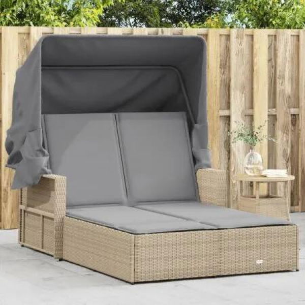 Double Sun Lounger with Canopy and Cushions Mix Beige Poly Rattan