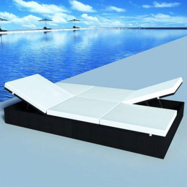 Double Sun Lounger With Cushion Poly Rattan Black