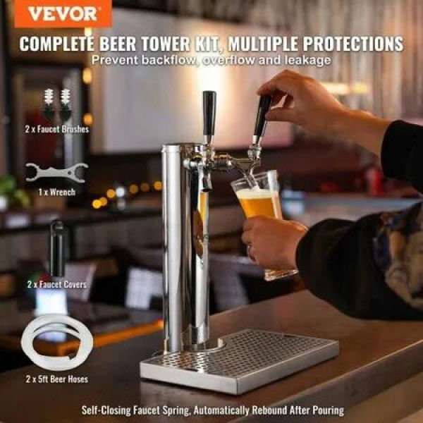 Double Taps Draft Beer Tower Dispenser Stainless Steel Keg Beer Tower