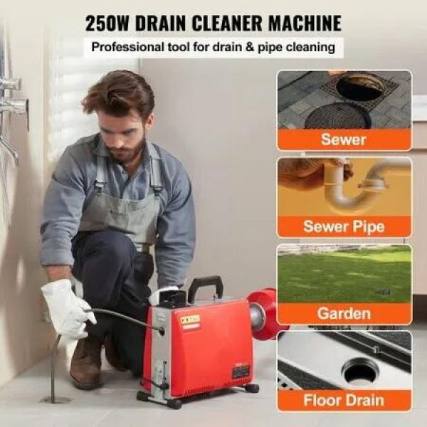 Drain Cleaner Machine 66FT x 5/8' 250W Sewer Snake Auger Manual Feed