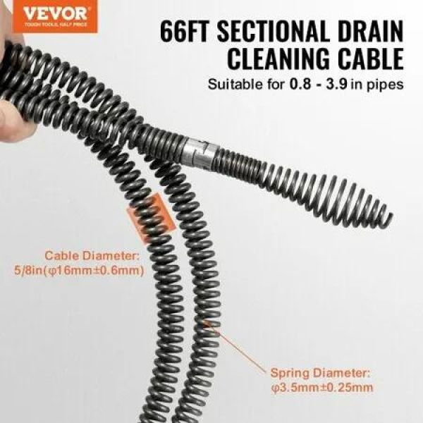 Drain Cleaning Cable 66 FT x 5/8 Inch Professional Sectional Drain Cleaner Cable with 7 Cutters for 0.8' to 3.9' Pipes Hollow Core Sewer Drain Auger Cable