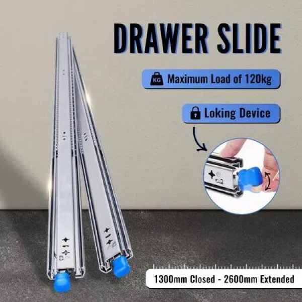 Drawer Runners Heavy Duty Slides Rails Cabinet Guide Locking Ball Bearing Track 120kg Full Extension 1300 to 2600mm Metal Trailer RV Camper Toolbox