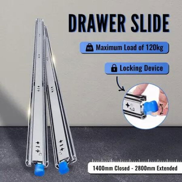 Drawer Runners Heavy Duty Slides Rails Cabinet Guide Locking Ball Bearing Track 120kg Full Extension 1400 to 2800mm Metal Trailer RV Camper Toolbox