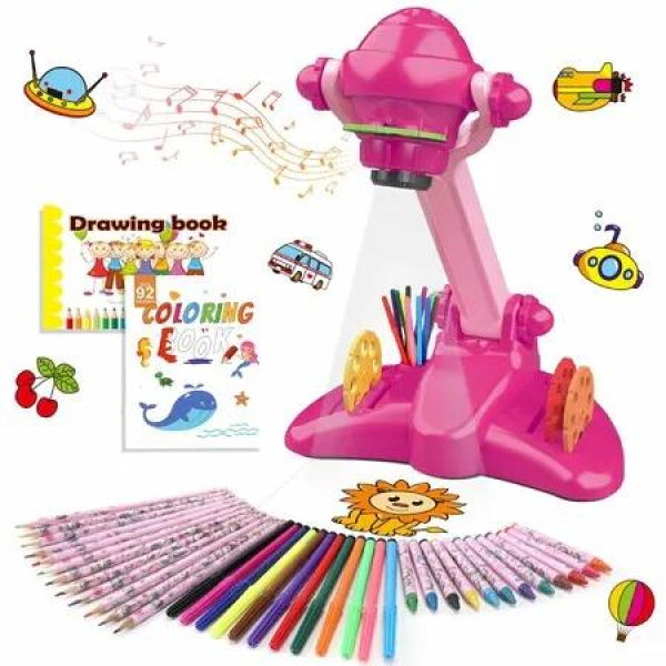 Drawing Projector for Kids,Art and Craft KitIncluding Colored Pencils,Crayons,Coloring Books,Gift for 3+ Year Old Girls(Rose Red)