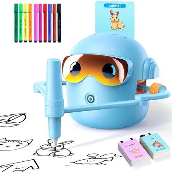 Drawing Robot for Boys Girls Montessori Painting Toys for 3 4 5 6 7 8 Year Old, Voice Interactive Educational Drawing Machine with 100 Cards, Blue