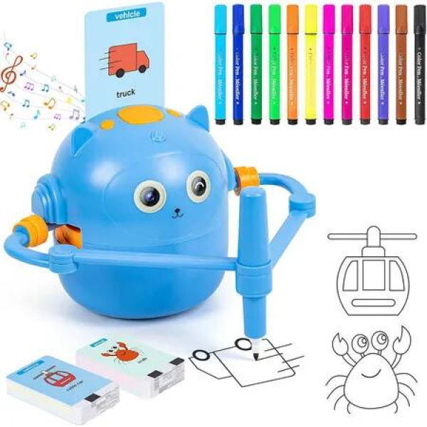 Drawing Robot for Kids, Interactive Educational Drawing Robot, Magic Painting Robot Toy with 12 Color Pens for Girls and Boys Age 3 and Up, Blue
