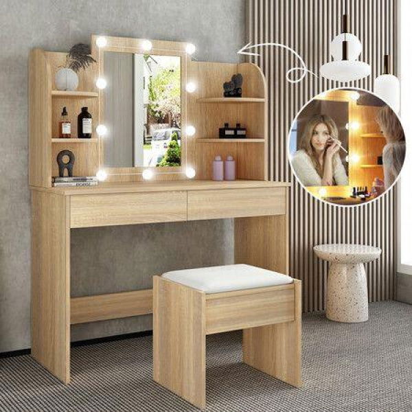 Dressing Table Makeup Mirrored Lighting Vanity Dresser Set Bedroom With Stool Drawers Oak