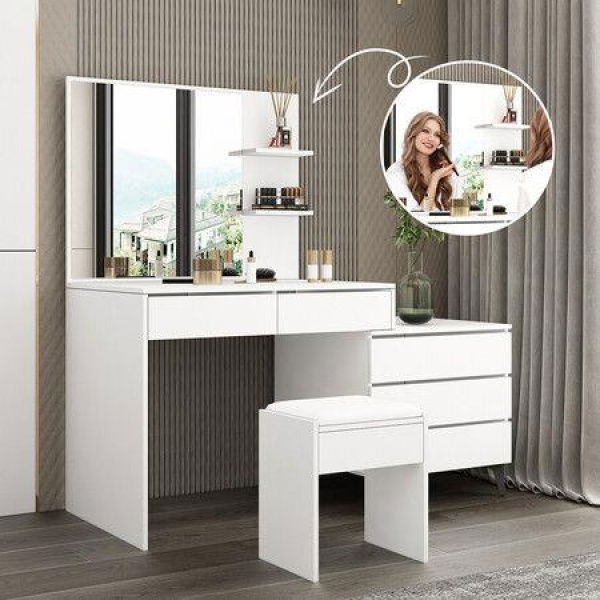 Dressing Table Set Makeup Vanity Mirrored Drawers Storage White Dresser Stool Modern Wooden Furniture Adjustable