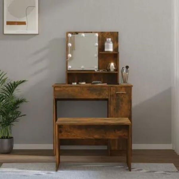 Dressing Table Set with LED Smoked Oak Engineered Wood