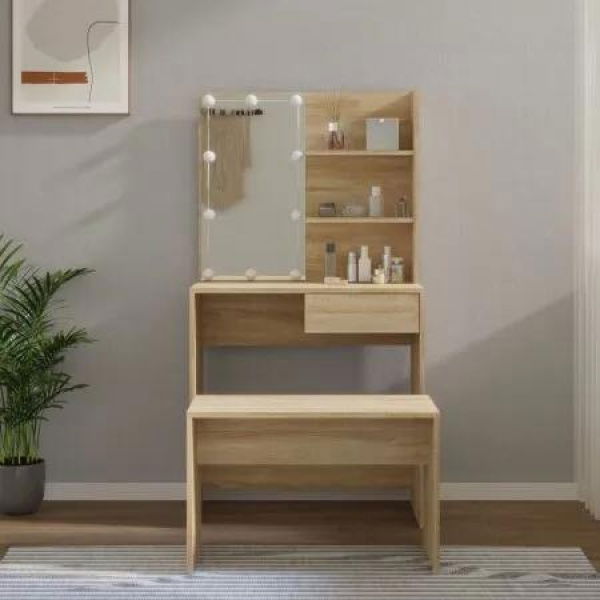 Dressing Table Set with LED Sonoma Oak Engineered Wood