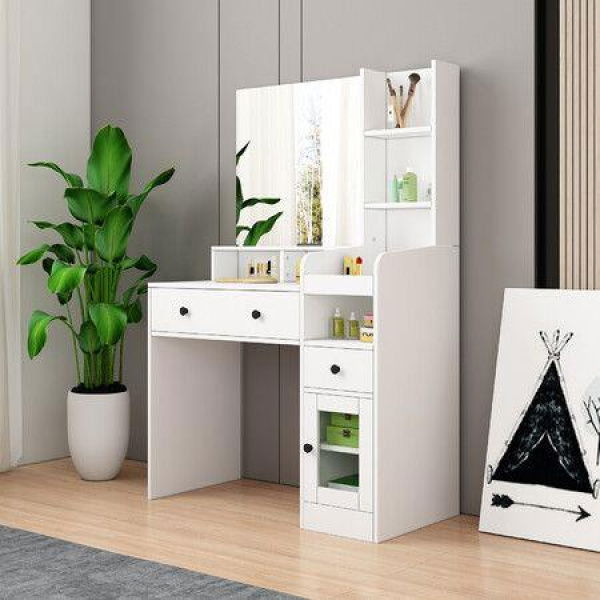 Dressing Table Vanity Mirror Dresser Makeup Desk With Drawers Storage 4 Shelves Bedroom Furniture White Modern