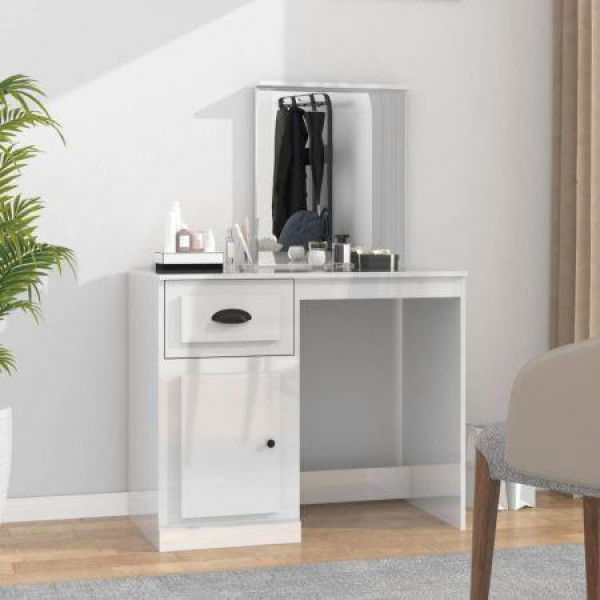 Dressing Table With Mirror - High Gloss White - 90x50x132.5 Cm - Engineered Wood