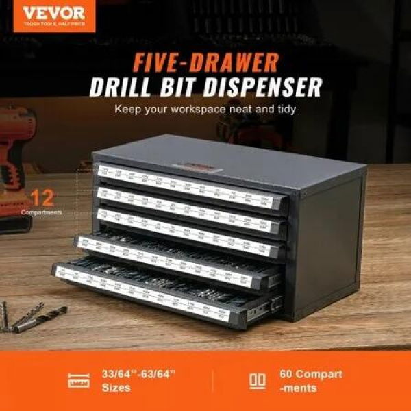 Drill Bit Dispenser Cabinet Five-Drawer Drill Bit Organizer Cabinet for 33/64' to 63/64' Steel Drill Dispenser Organizer Cabinet with Labels Stackable