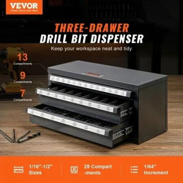 Drill Bit Dispenser Cabinet Three-Drawer Drill Bit Organizer Cabinet for 1/16' to 1/2' Steel Drill Dispenser Organizer Cabinet with Labels Stackable