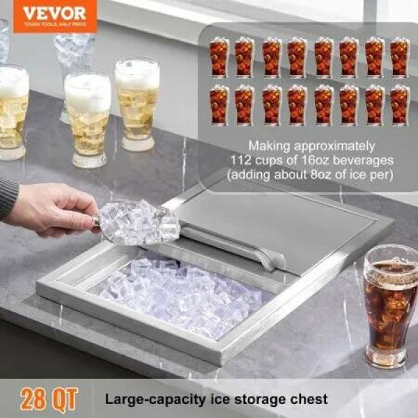 Drop in Ice Chest, 18'L x 12'W x 14.5'H Stainless Steel Ice Cooler, Commercial Ice Bin with Sliding Cover, 40.9 qt Outdoor Kitchen Ice Bar, Drain-pipe and Drain Plug Included, for Cold Wine Beer