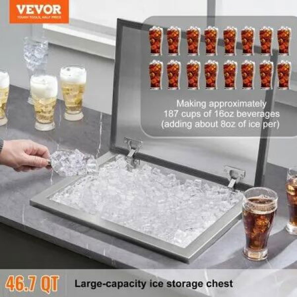 Drop in Ice Chest, 20'L x 16'W x 13'H Stainless Steel Ice Cooler, Commercial Ice Bin with Hinged Cover, 40 qt Outdoor Kitchen Ice Bar, Drain-pipe and Drain Plug Included, for Cold Wine Beer