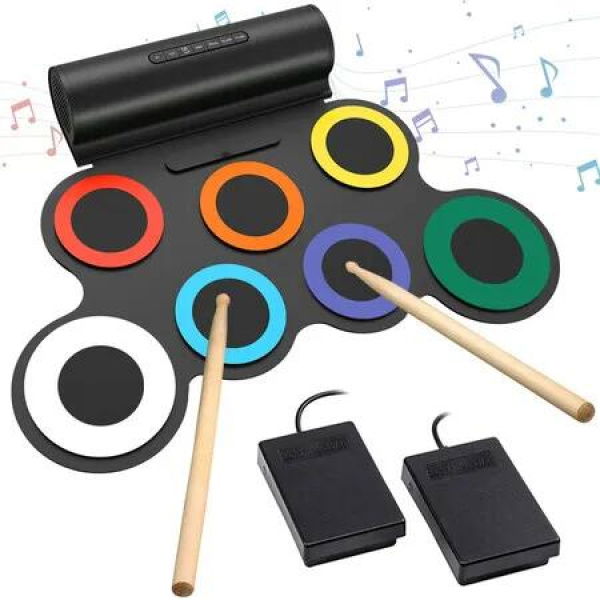 Drum Practice Pad Roll Up Midi Kit Built-in Speaker Pedals Sticks Portable Music Learning Rhythm Training Beginner Fun Kids Gift