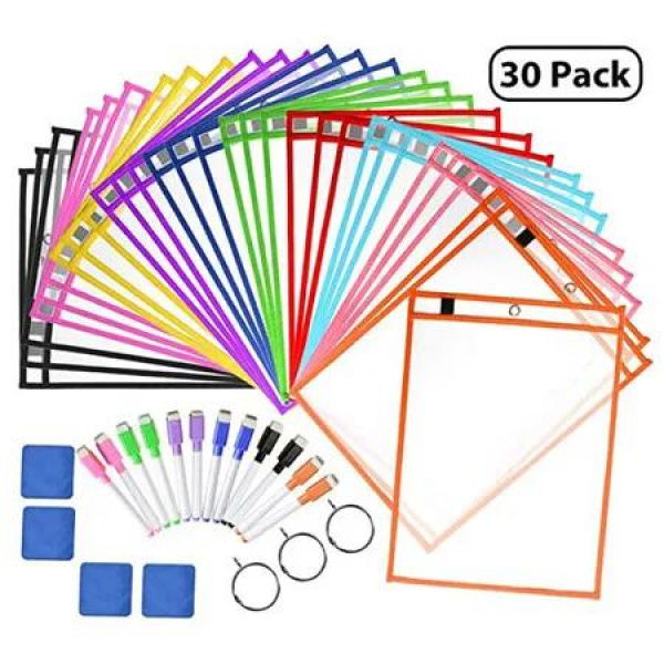 Dry Erase Pockets Sheet Protectors 30 Pack Reusable Clear Durable Plastic Sleeves with 12 Pens,4 Erasers and 2 Rings for Classroom Organization