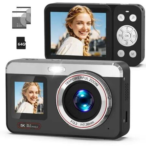 Dual Screen 5K Digital Camera for Vlogging with Fill Light -80MP 16X Zoom WiFi, YouTubeBlogging, Includes 32GB Card 2 Batteries(Black)