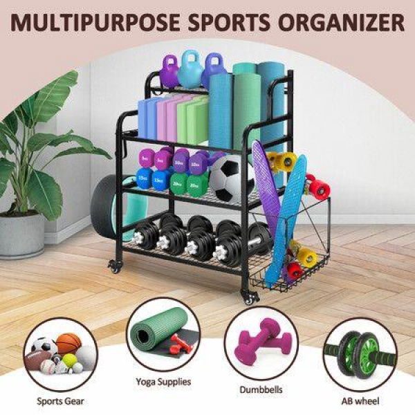 Dumbbell Weight Rack Yoga Mat Ball Storage Kettlebell Shelves Home Gym Sports Gear Garage Equipment Organiser with Wheels