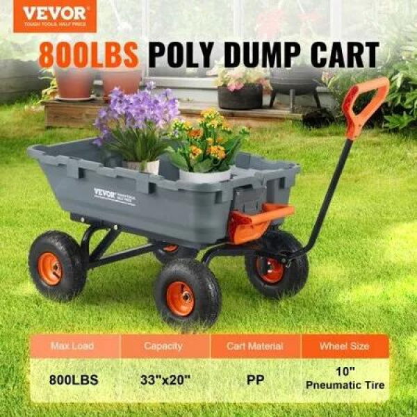 Dump Cart, Poly Garden Dump Cart with Easy to Assemble Steel Frame, Dump Wagon with 2-in-1 Convertible Handle, Utility Wheelbarrow 362.88kg/ 800lbs Capacity, 25.5cm/ 10 inch Tires