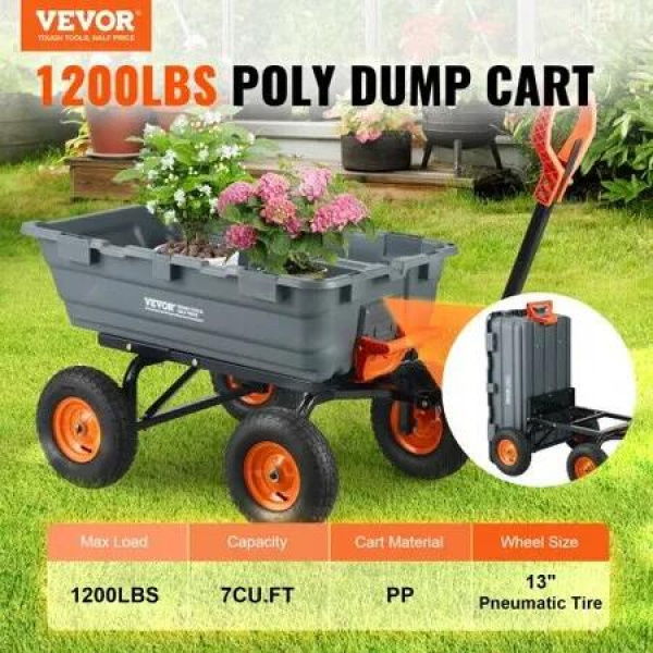 Dump Cart, Poly Garden Dump Cart with Easy to Assemble Steel Frame, Dump Wagon with 2-in-1 Convertible Handle, Utility Wheelbarrow 544kg/ 1200lbs Capacity, 33cm/ 13 inch Tires