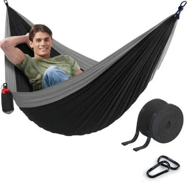 Durable Hammock 400lb Capacity,Lightweight Nylon Camping Hammock Chair,Double or Single Sizes w/Tree Straps and Attached Carry Bag (Medium,Black)
