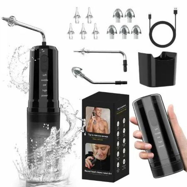 Ear Wax Removal 2 in 1 Electric Ear Cleaning Kit with 4 Pressure Modes Portable Water Powered Ear Cleaner with Basin and Nasal Nozzles,Black