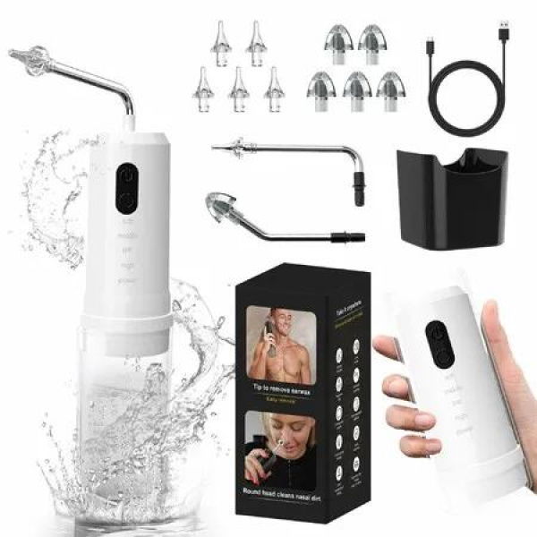 Ear Wax Removal 2 in 1 Electric Ear Cleaning Kit with 4 Pressure Modes Portable Water Powered Ear Cleaner with Basin and Nasal Nozzles,White