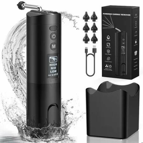 Ear Wax Removal Kit Waterproof Ear Cleaning Tool with 6 Reusable Replacement Tips Rechargeable Electric Ear Irrigation Flushing System