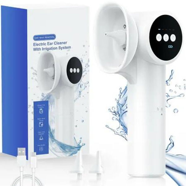 Ear Wax Removal Kit with Dual Water Tank Electric Ear Cleaner Tool with Ear Dryer Irrigation Flushing System 5 Modes,White