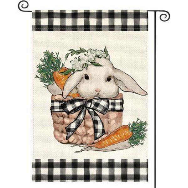 Easter Bunny Garden Flag Double Sided , Buffalo Plaid Spring Dwarf Rabbit Outdoor Decoration