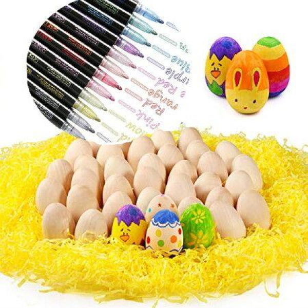 Easter Eggs 10 Wooden Eggs 12pcs Double Line Markers 4 Crystals 8 Cartoon Stickers