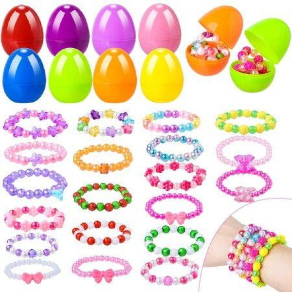 Easter Eggs with Bracelets ,24 Pack Kids Basket Stuffers for Easter Eggs Hunt Game, Party Favors for Girls Gifts, Classroom Exchange and Prize Supplies