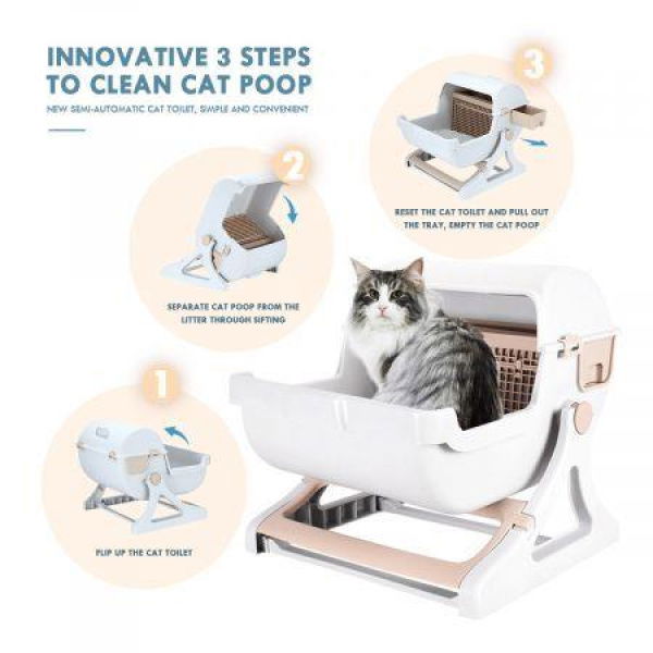 Easy Cleaning Semi-Automatic Cat Litter Box Toilet For Cats Up To 7.5kg - Large Size.