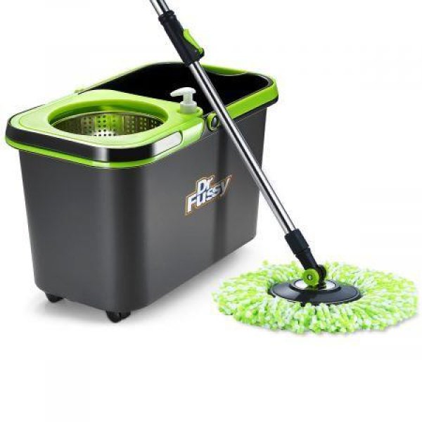 Easy Wringer Wheeled Bucket + Handle Length Adjustable Spin Mop With 4pcs Swivel Mop Head.