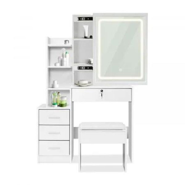 EKKIO Dressing Table White LED Mirror + Stool EK-DT-100-LD