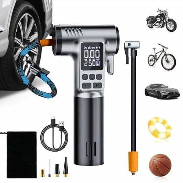 Electric Air Pump Portable Air Compressor 150Psi Mini Battery Compressor with LED Light and Safety Hammer,5 Modes Bike Pump for Car,Motorcycle