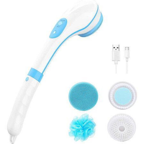 Electric Bath Brush Set Waterproof Electric Body Scrubber And Silicone Face Brush 4 Rotating Brush Heads Exfoliating Shower Brush Back Brush