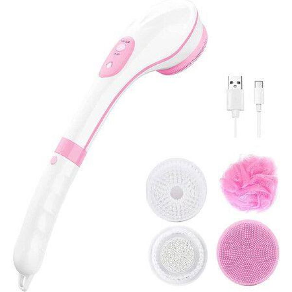 Electric Bath Brush Set Waterproof Electric Body Scrubber And Silicone Face Brush 4 Rotating Brush Heads Exfoliating Shower Brush Back Brush