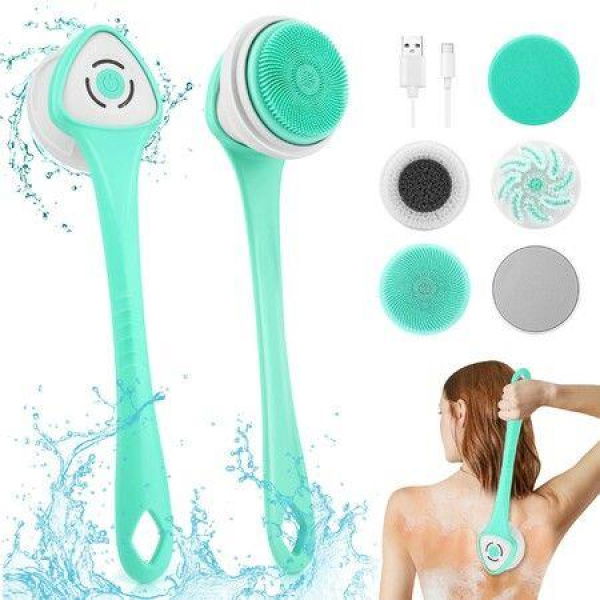 Electric Body Bath Brush Rechargeable Back Brush Long Handle For Shower With 5 Spin Shower Facial Brush Head H For Women Men