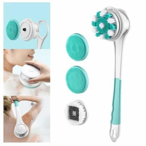 Electric Body Brush Back Brush with 4 Attachments Removable Long Handle Body Scrubber Shower Brush for Exfoliating Deep Cleansing Women Men, Green