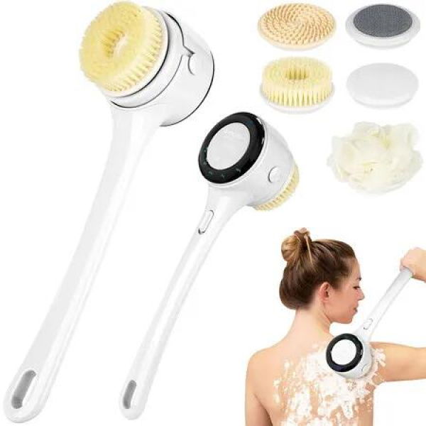 Electric Body Brush Back Scrubber, Rechargeable Spinning Bath Brush with 4 Speeds, Waterproof Long Handle Body Scrubber with 5 Heads (White)