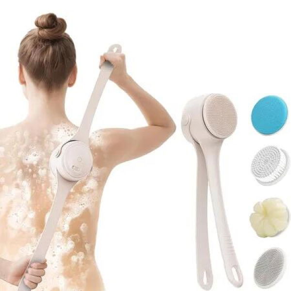 Electric Body Brush Back Scrubber, Waterproof Dual-Speed Bath Brush Long Handle with 4 Heads, Rechargeable Silicone Body Scrubber for Cleansing, Apricot