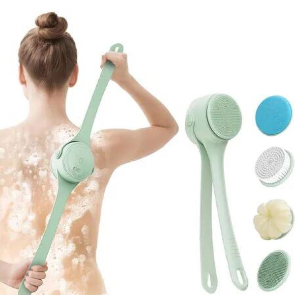 Electric Body Brush Back Scrubber, Waterproof Dual-Speed Bath Brush Long Handle with 4 Heads, Rechargeable Silicone Body Scrubber for Cleansing Green