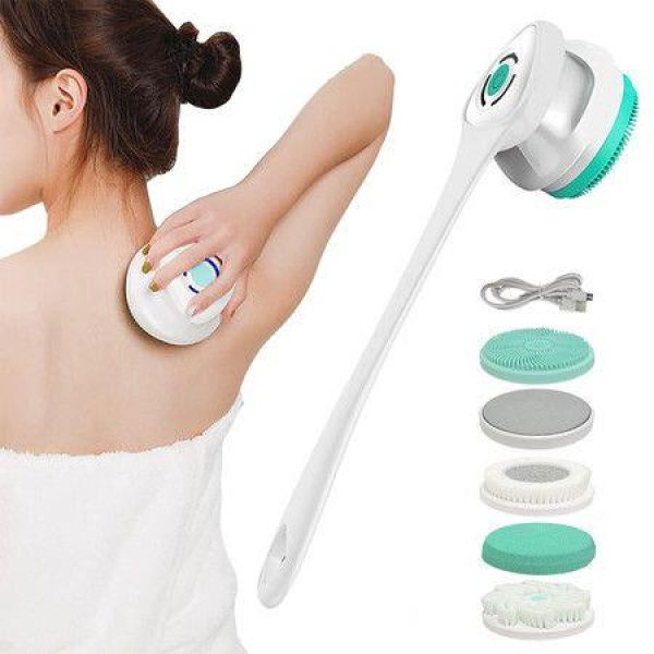 Electric Body Brush Rotating Scrubber For Shower Bath Silicone Deep Cleaning With 5 Attachments Rechargeable Brush Heads IPX67 Waterproof (White)